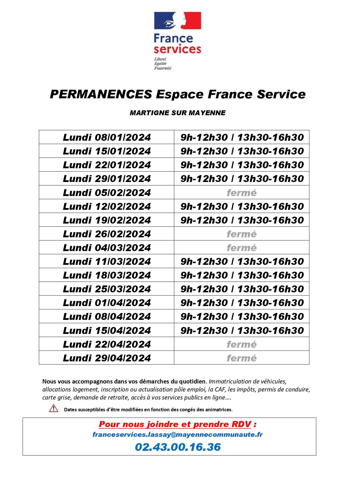 PERMANENCES France Services Martigné Janvier Avril 2024